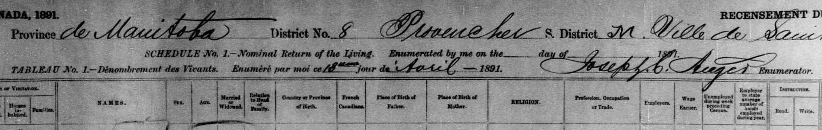 Header for 1891 Canada Census 